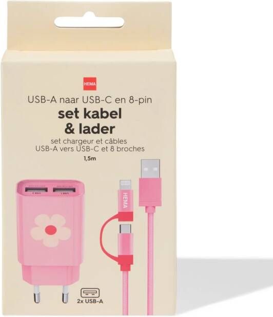 HEMA Opladerset USB-C & 8-pins Bloemen Roze