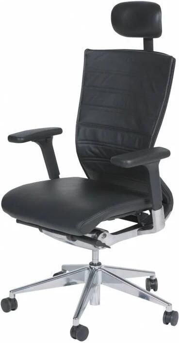 Schaffenburg Bureaustoel 105 zitting en rugleuning zwart leder onderstel verchroomd aluminium. Stoel voorzien van lendesteun en van een hoofdsteun in leder.