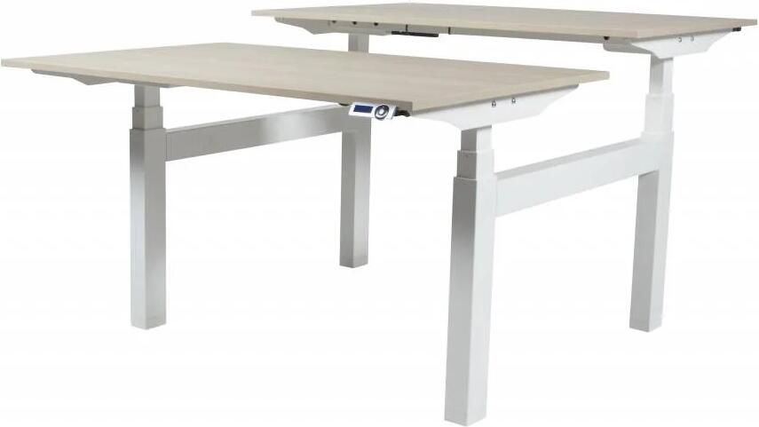 Schaffenburg Electric-T Duo Plus werkplekken zit-sta (64-130cm) hoogte verstelbaar dmv 2 elektromotoren per wp met 140x80cm lindberg eiken 20mm bladen en aluminium (RAL9006) H-frame