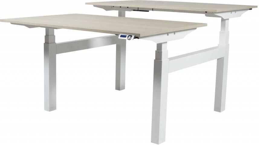 Schaffenburg Electric-T Duo Plus werkplekken zit-sta (64-130cm) hoogte verstelbaar dmv 2 elektromotoren per wp met 180x80cm lindberg eiken 20mm bladen en aluminium (RAL9006) H-frame