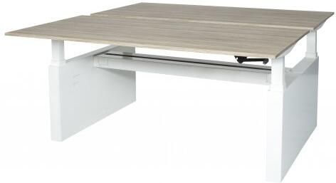 Schaffenburg Icons duo werkplek zit-sta (62-118cm) hoogte verstelbaar dmv quick slinger met 200x80cm lindberg eiken 20mm bladen en aluminium (RAL9011) frame