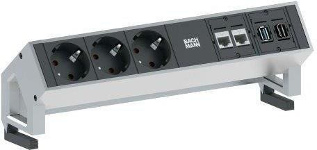 Schaffenburg Opbouw unit model Bachmann desk 2 met 3x 230V en 1x leeg inclusief klemmen en aansluitkabel. Behuizing in aluminium of wit in combinatie met zwart.