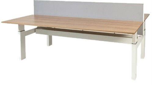 Schaffenburg Avitus Duo werkplek hoogte verstelbaar dmv slinger (62-85cm) met 200x80cm lindberg eiken 20mm melamine bladen en aluminium (RAL9006) H-frame