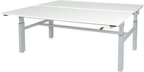 Schaffenburg Othello Duo werkplek hoogte verstelbaar (62-85cm) dmv slinger met 160x80 80cm licht grijs 20mm bladen en aluminium (RAL9006) H-frame