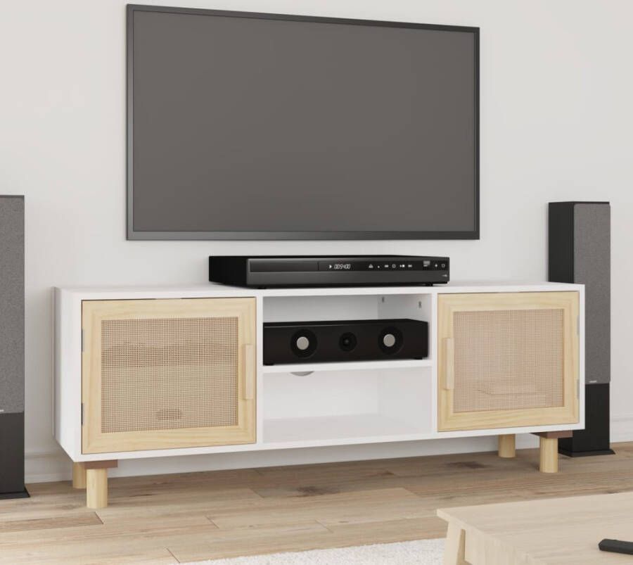VidaXL Tv-meubel 105x30x40 cm massief grenenhout en rattan wit
