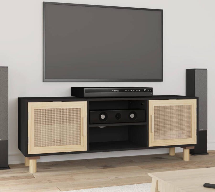 VidaXL Tv-meubel 105x30x40 cm massief grenenhout en rattan zwart