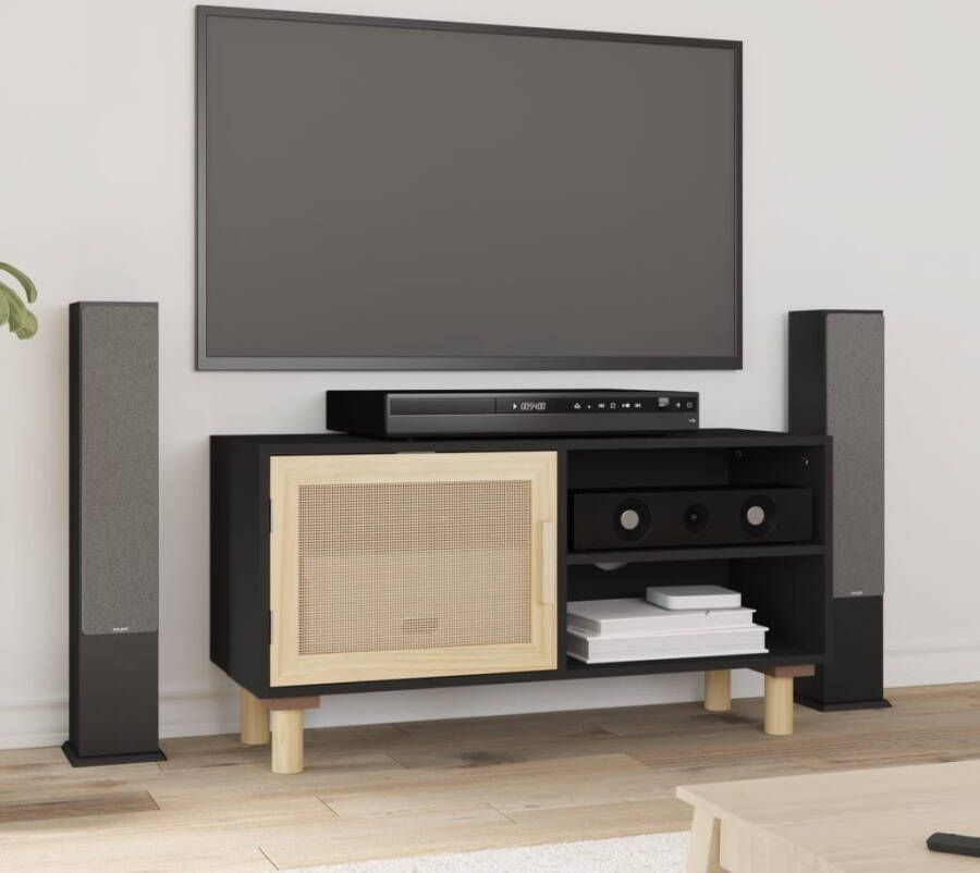 VidaXL Tv-meubel 80x30x40 cm massief grenenhout en rattan zwart