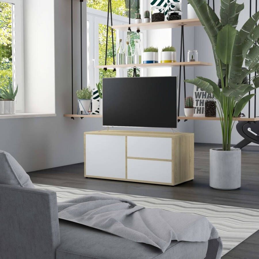 VidaXL Tv-meubel 80x34x36 cm bewerkt hout wit en sonoma eikenkleurig
