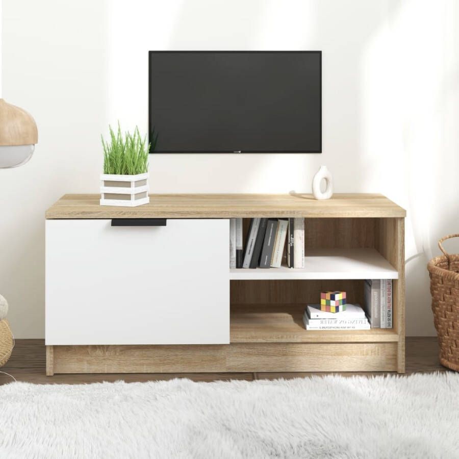 VidaXL Tv-meubel 80x35x36 5 cm bewerkt hout wit en sonoma eikenkleurig