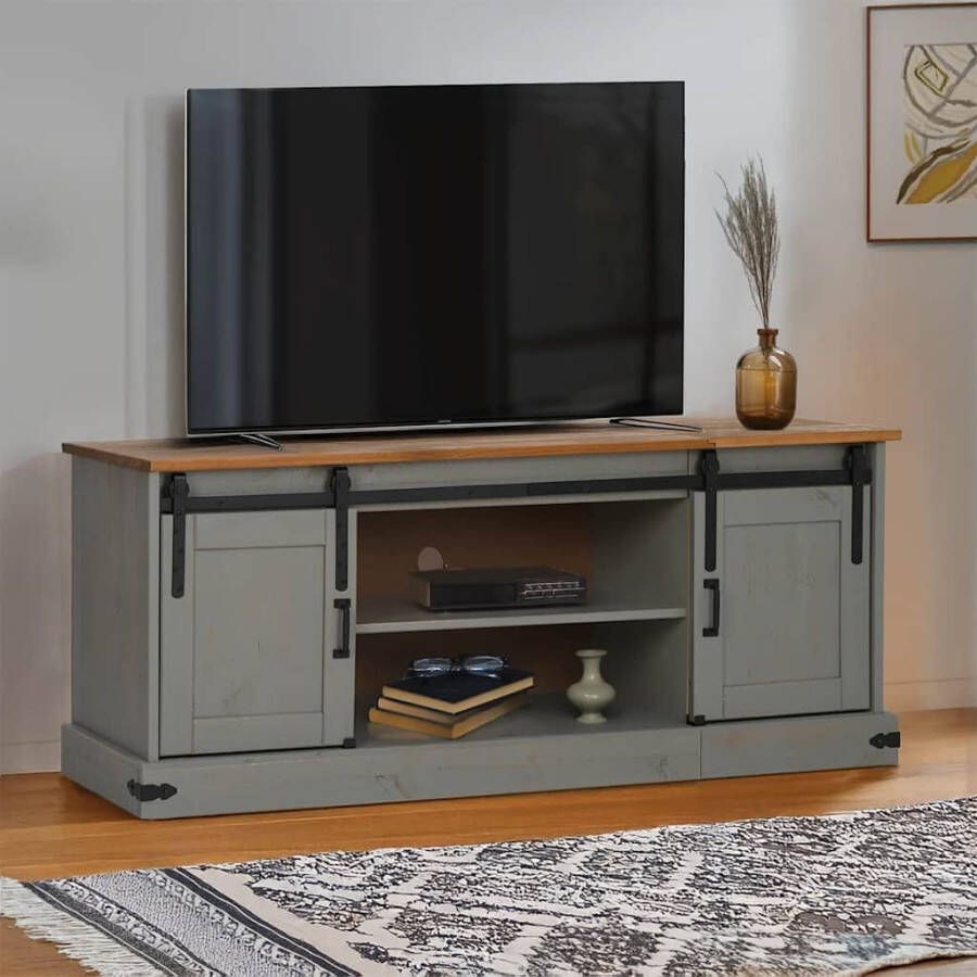 VidaXL Tv-meubel HALDEN 2 schuifdeuren 150x40x60 cm massief hout grijs