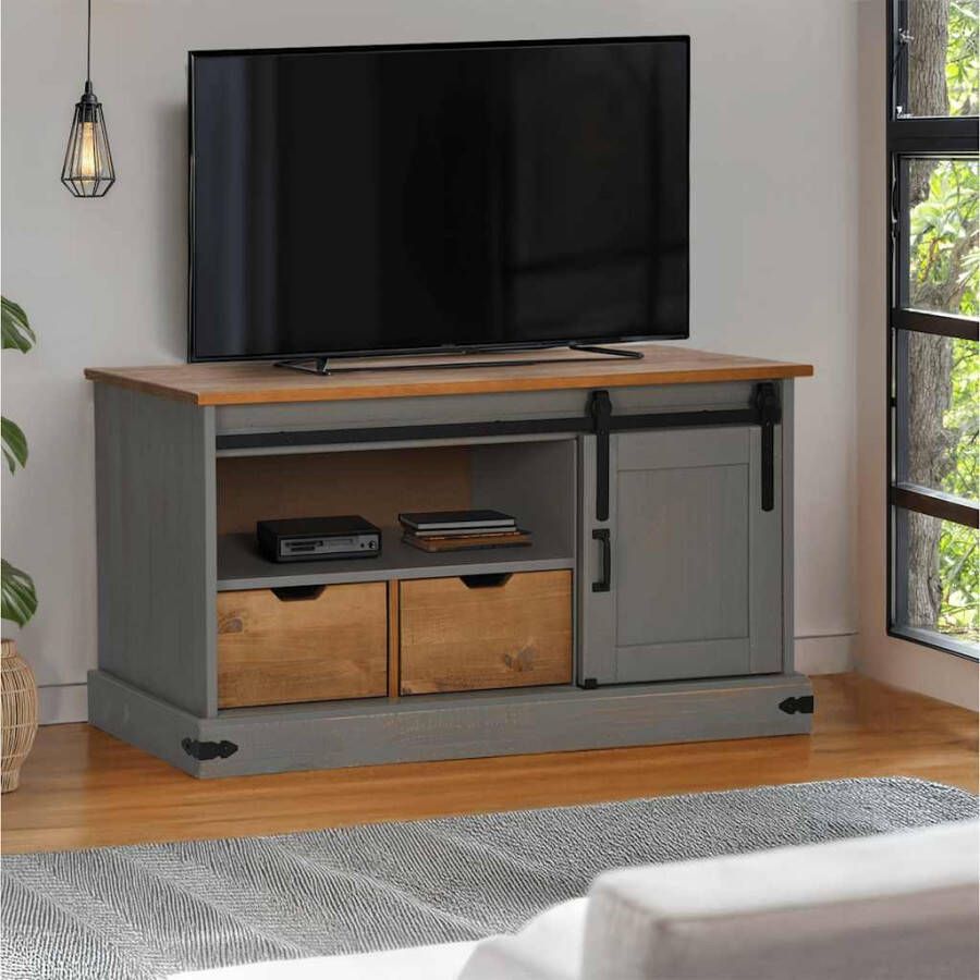 VidaXL Tv-meubel HALDEN met schuifdeur grijs 110x40x60 cm massief hout