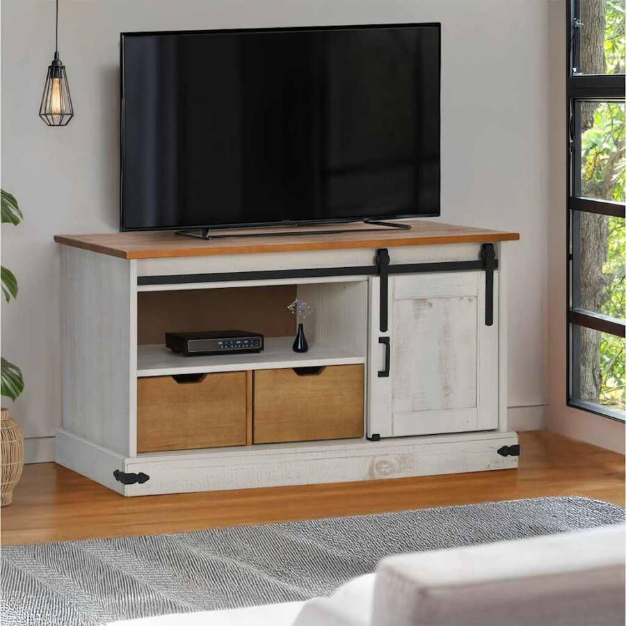 VidaXL Tv-meubel HALDEN met schuifdeur wit 110x40x60 cm massief hout