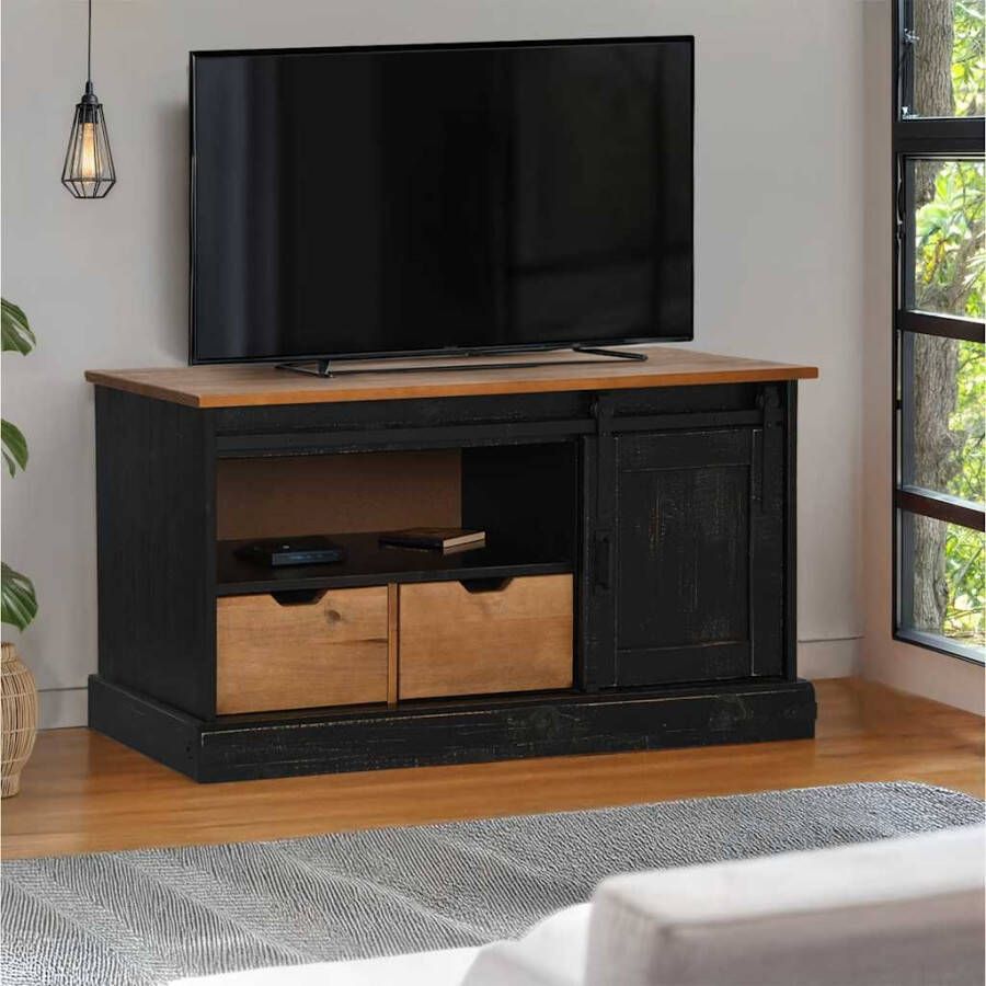 VidaXL Tv-meubel HALDEN met schuifdeur zwart 110x40x60 cm massief hout