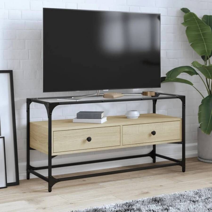 VidaXL Tv-meubel met glazen blad 98x35x51 cm bewerkt hout sonoma eiken