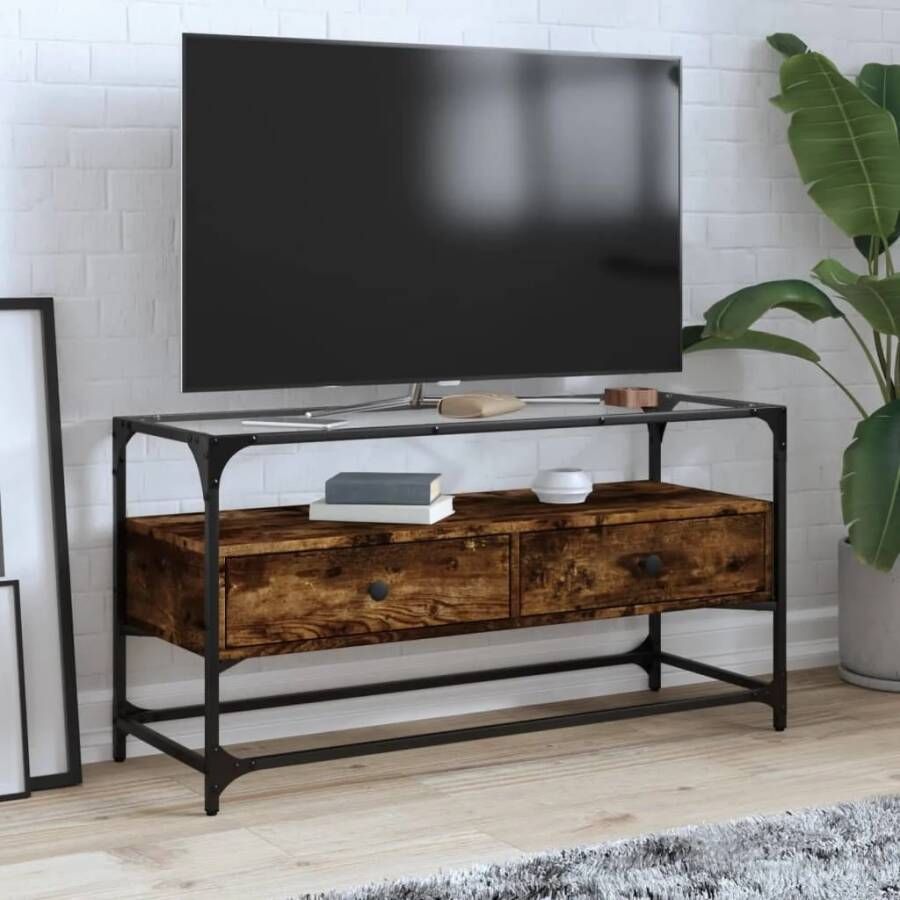 VidaXL Tv-meubel met glazen blad 98x35x51 cm hout gerookt eikenkleurig