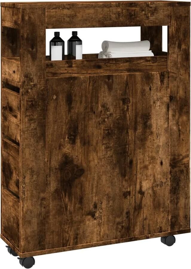 VidaXL Badkamerkast smal met wielen bewerkt hout gerookt eikenkleurig