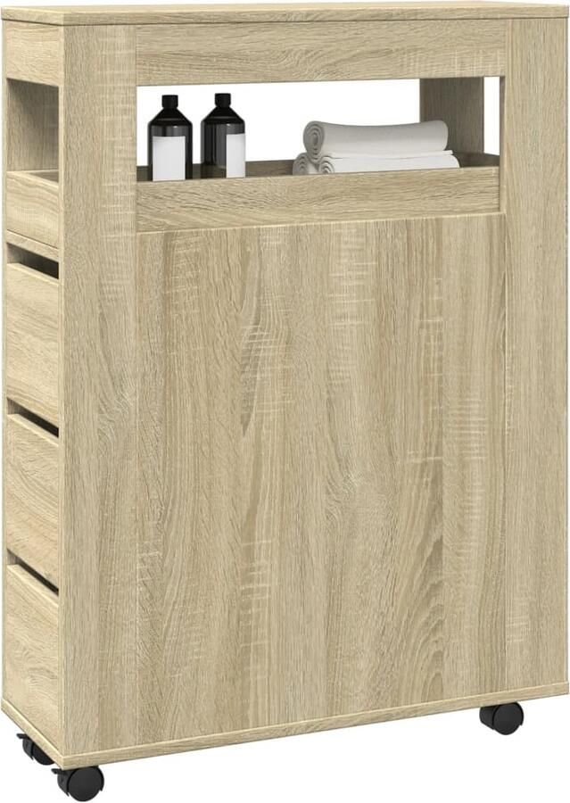 VidaXL Badkamerkast smal met wielen bewerkt hout sonoma eikenkleurig