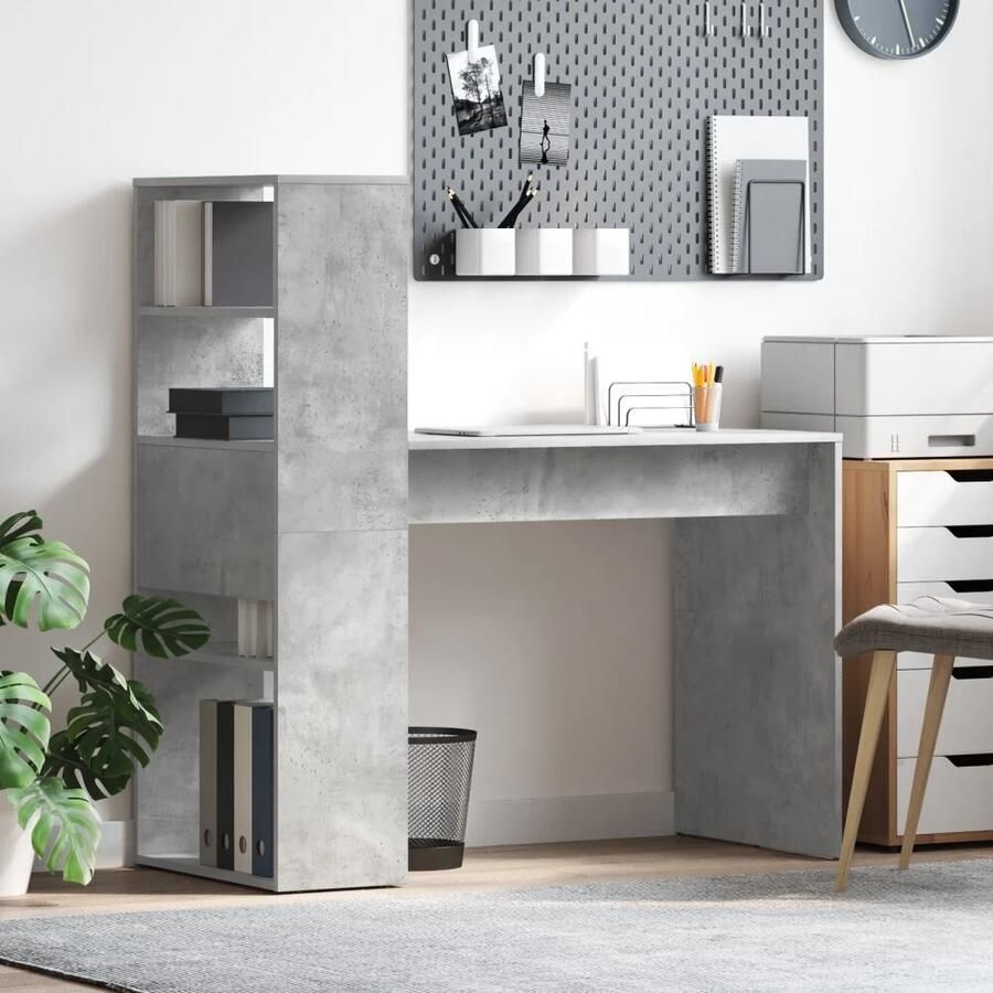 VidaXL Bureau met plank Beton Grijs 113 x 54 x 120 cm Bewerkt hout
