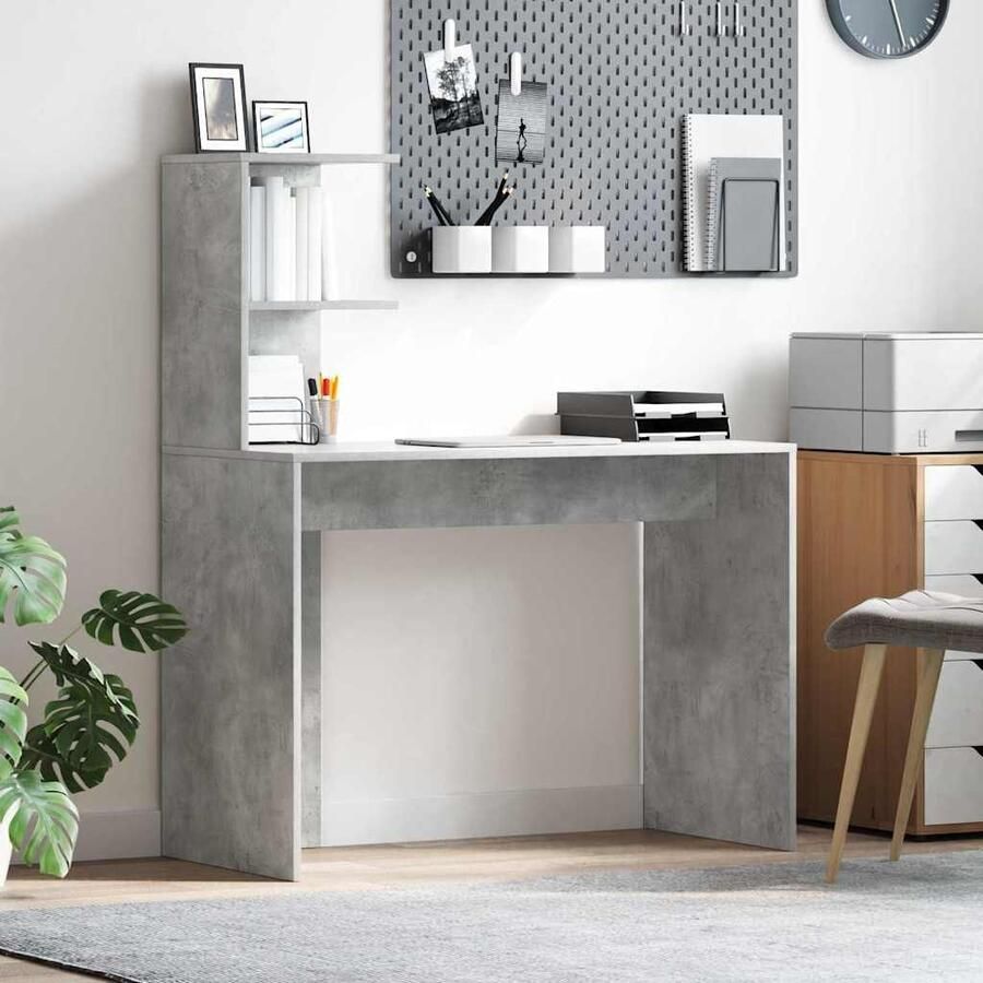 VidaXL Bureau met plank Beton Grijs 102 x 50 x 124 cm Bewerkt hout