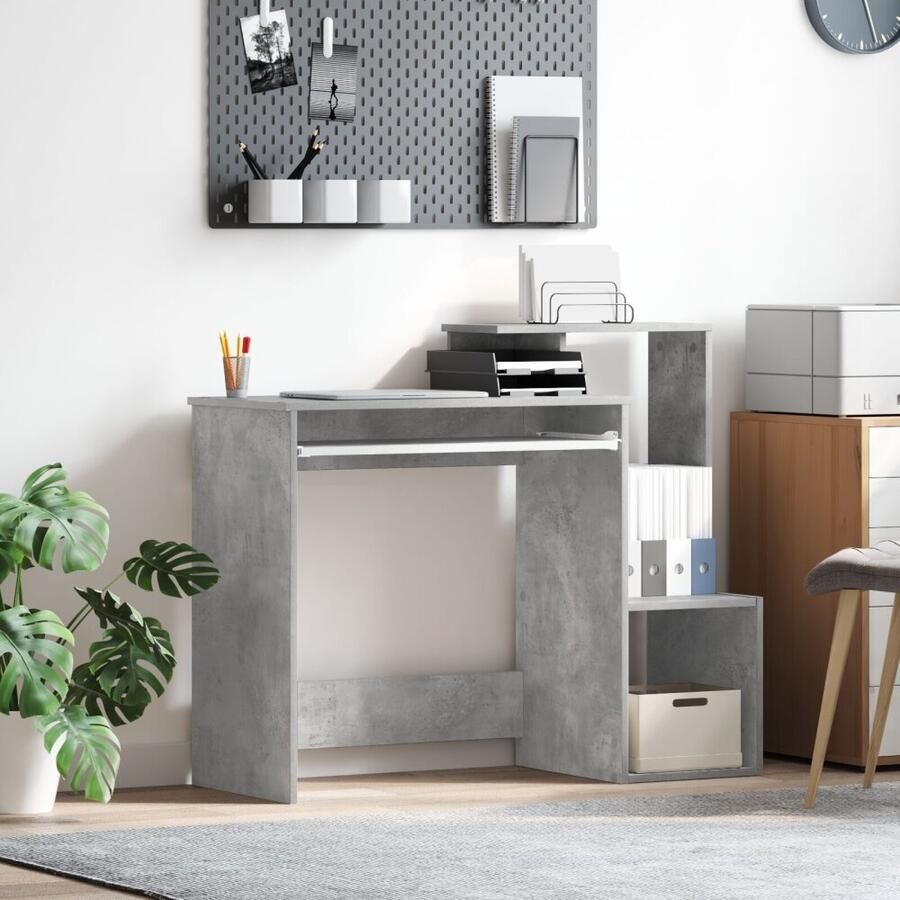 VidaXL Bureau met plank Betongrijs 106 x 40 x 88.5 cm Bewerkt hout