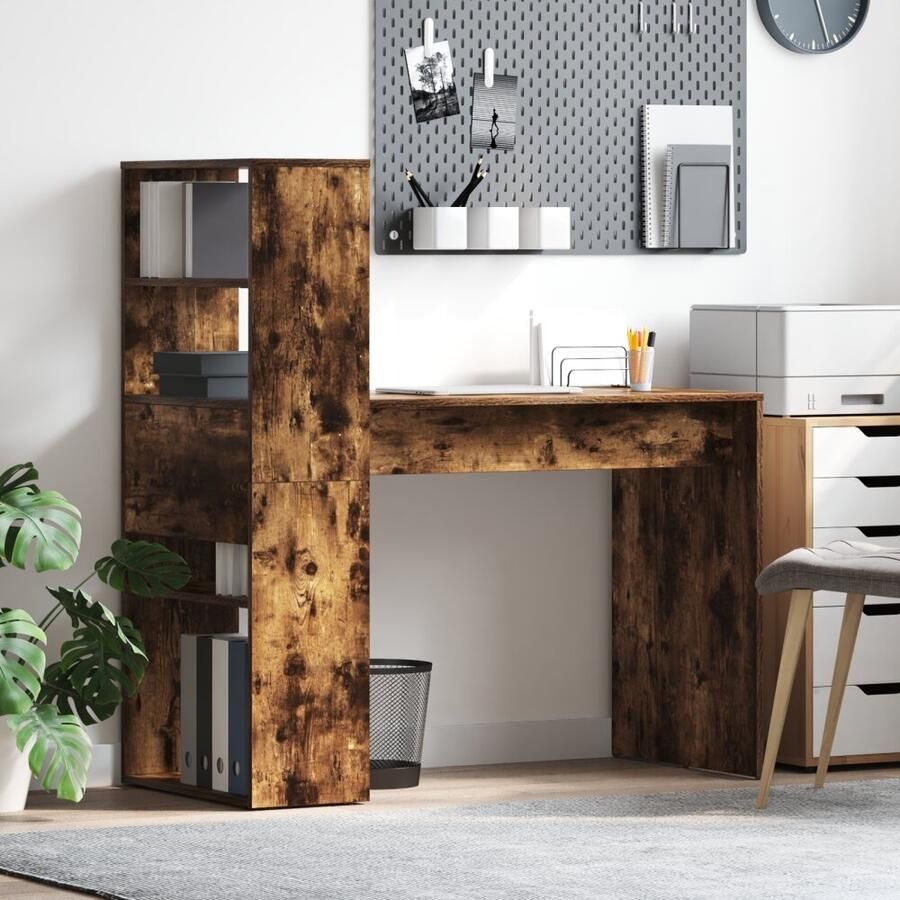 VidaXL Bureau met plank Gerookt eiken 113 x 54 x 120 cm Bewerkt hout