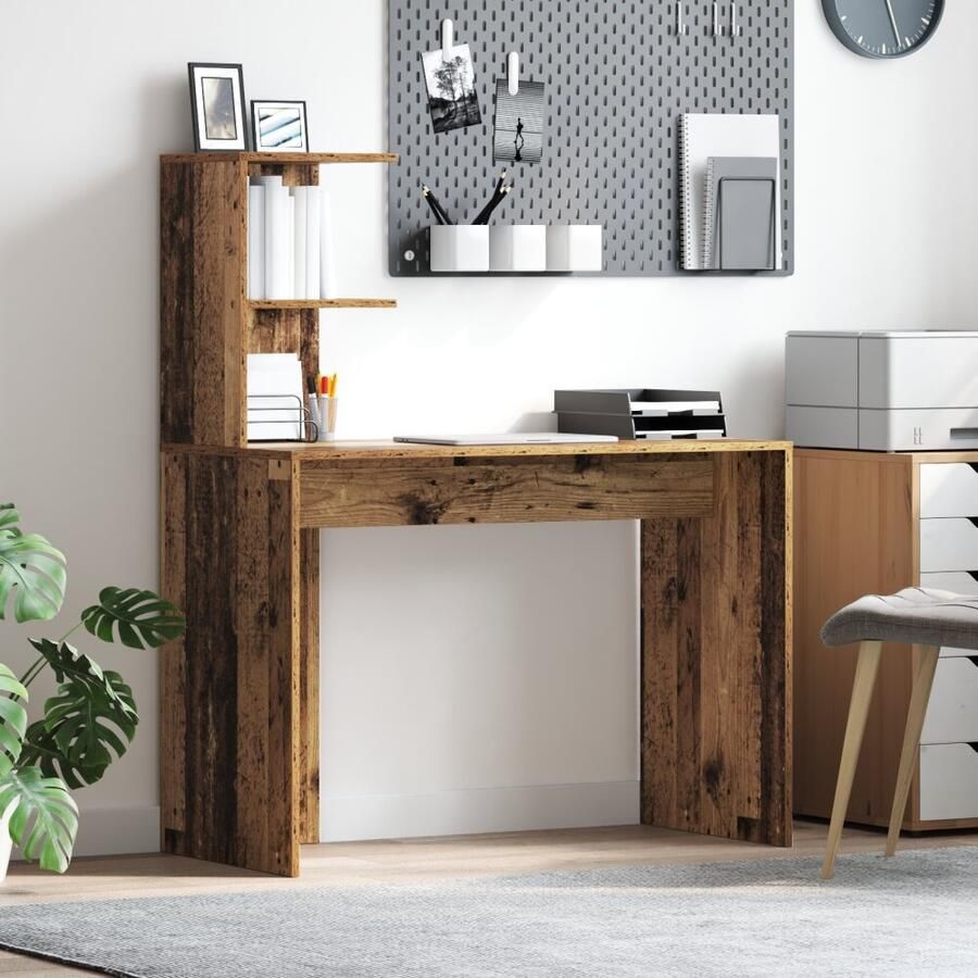 VidaXL Bureau met plank Oud Hout 102 x 50 x 124 cm Bewerkt hout