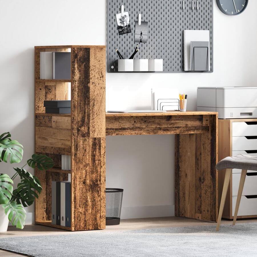 VidaXL Bureau met plank Oud Hout 113 x 54 x 120 cm Bewerkt hout