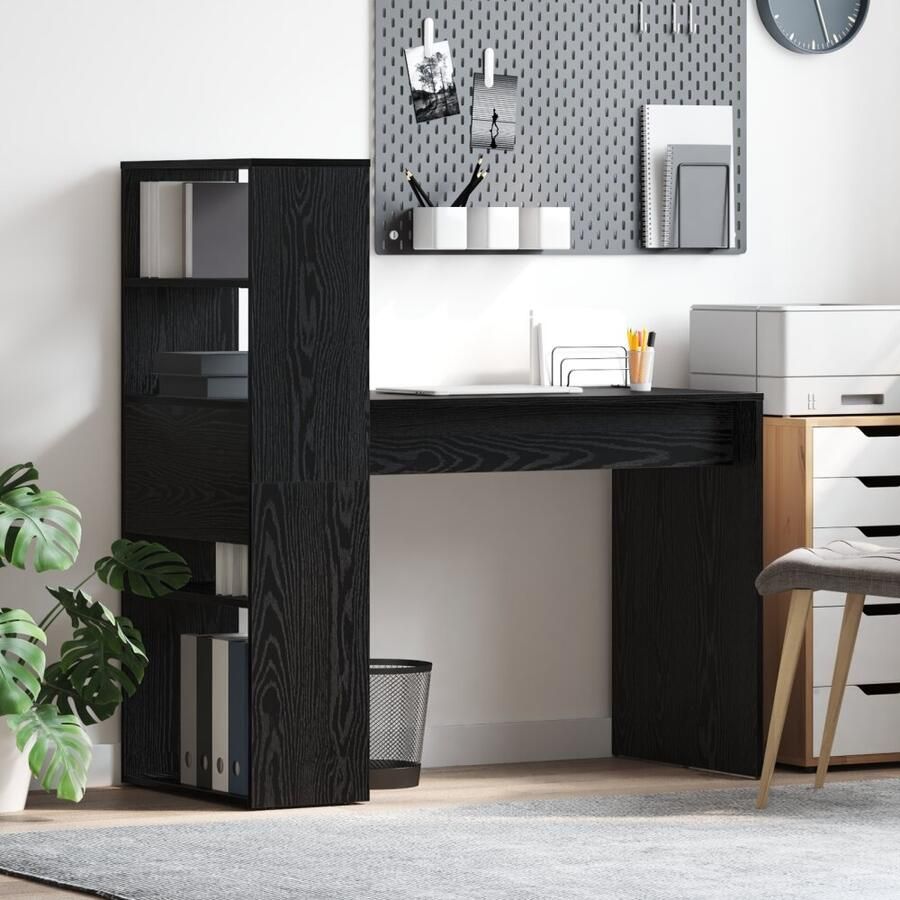 VidaXL Bureau met plank Zwart eiken 113 x 54 x 120 cm Bewerkt hout