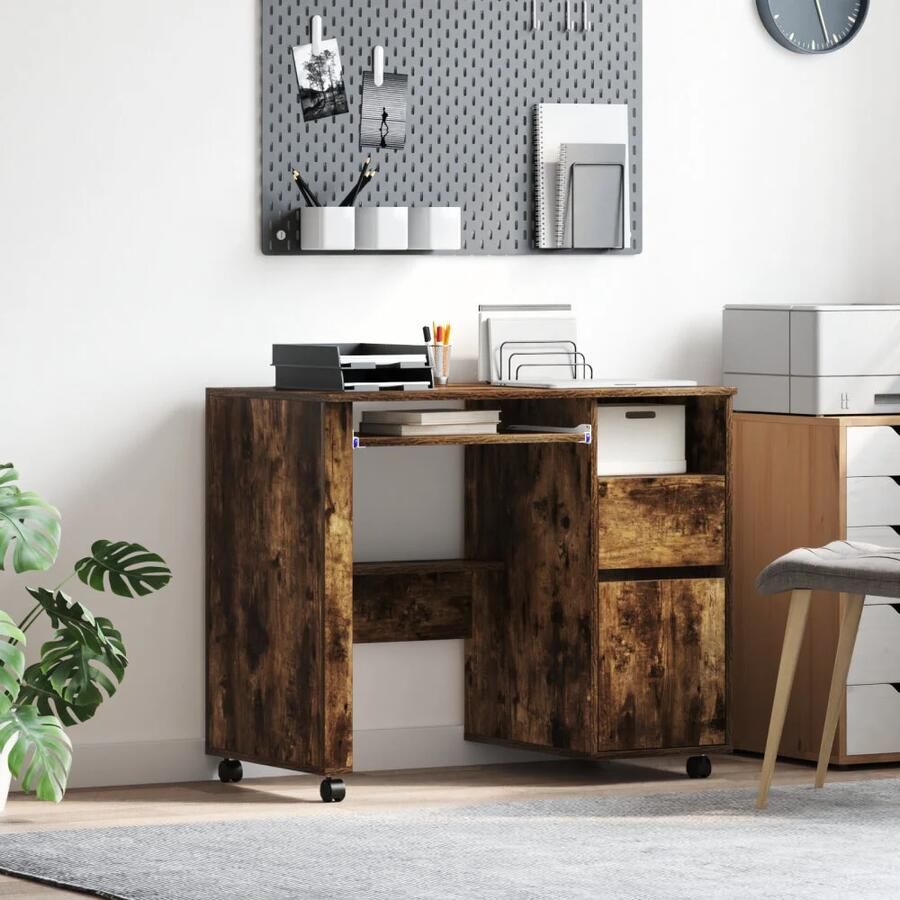 VidaXL Bureau met Wielen Gerookt eiken 91 x 50 x 77 cm Bewerkt hout