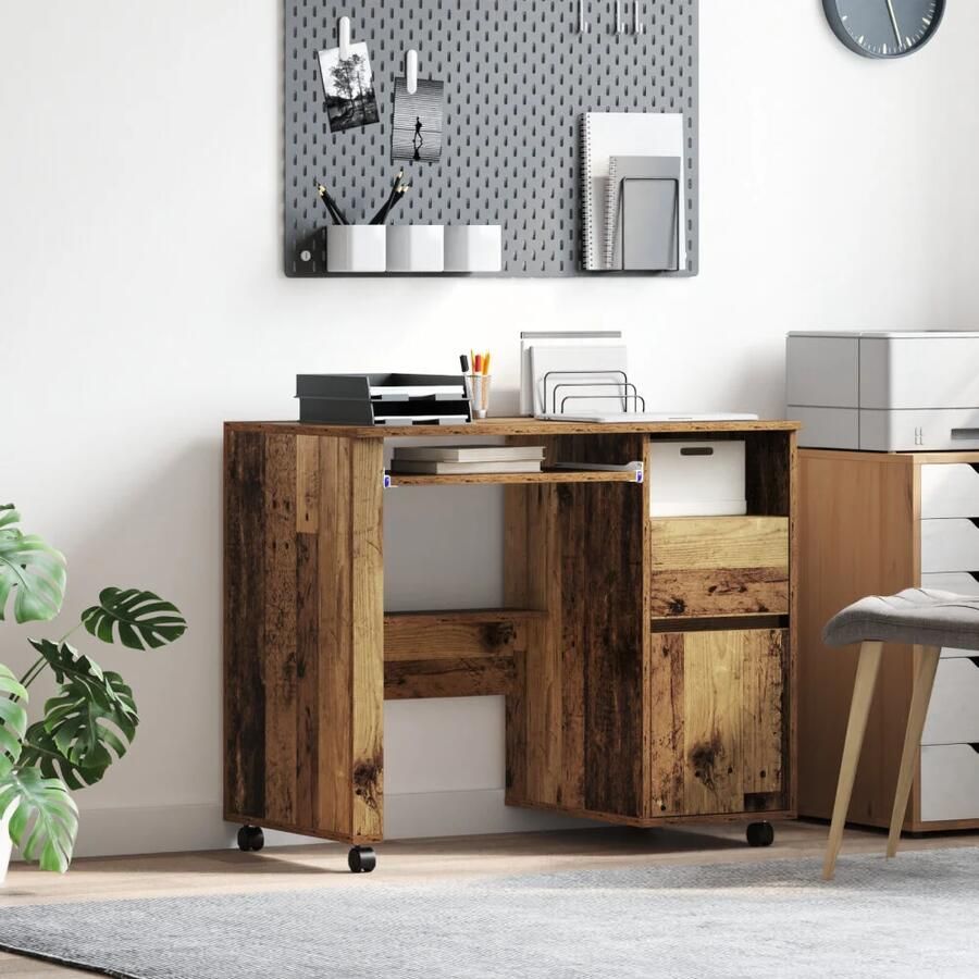 VidaXL Bureau met Wielen Oud Hout 91 x 50 x 77 cm Bewerkt hout