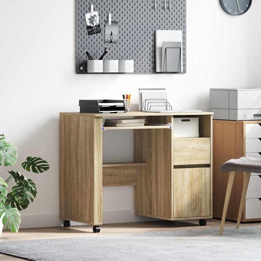 VidaXL Bureau met Wielen Sonoma Eiken 91 x 50 x 77 cm Bewerkt hout