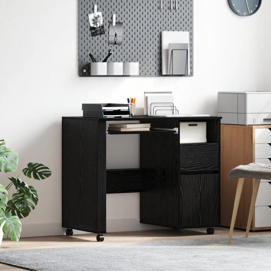 VidaXL Bureau met Wielen Zwart Eiken 91 x 50 x 77 cm Bewerkt hout