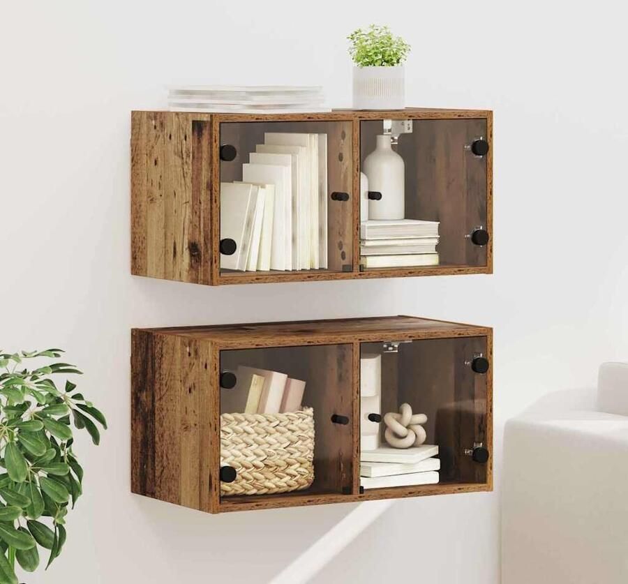 VidaXL Wandkasten 2 pcs Oud Hout 68 x 37 x 35 cm Bewerkt hout