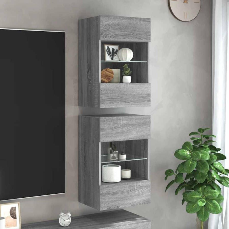 VidaXL Wandkasten met LED-verlichting voor tv 2 st 40x30x60 5 cm grijs sonoma eiken