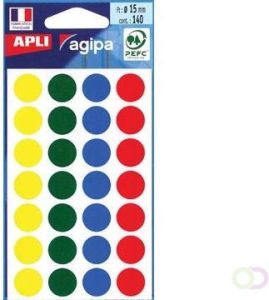 Agipa ronde etiketten in etui diameter 15 mm geassorteerde kleuren 140 stuks 28 per blad