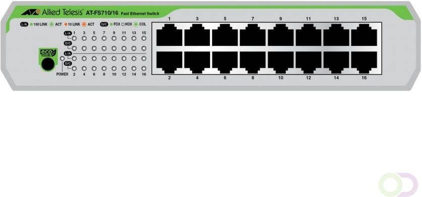 Allied Telesis AT-FS710 16-50 Unmanaged Fast Ethernet (10 100) 1U Groen Grijs (990-005847-50)