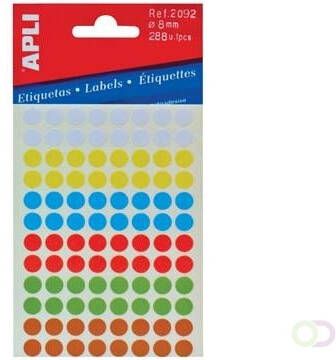 Apli ronde etiketten in etui diameter 8 mm geassorteerde kleuren 288 stuks 96 per blad(2092 )