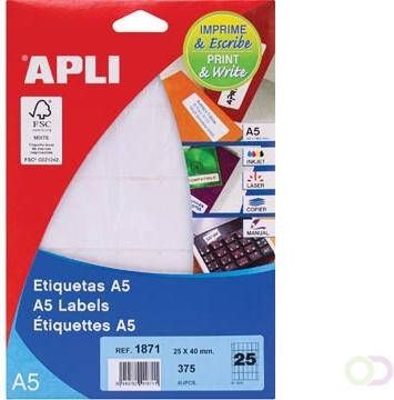 Apli witte etiketten Print & Write ft 25 x 40 mm (b x h) 375 stuks 25 per blad (1871)