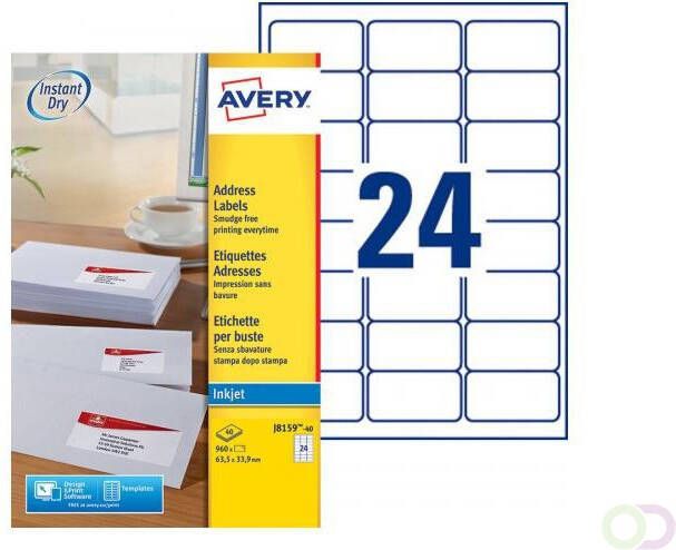 Avery Witte etiketten QuickDry doos van 40 blad ft 63 5 x 33 9 mm (b x h) 960 stuks 24 per blad