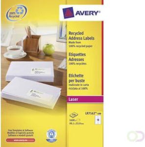 AVERY gerecycleerde witte laseretiketten QuickPeel ft 99 1 x 33 9 mm (b x h) 1.600 stuks 16 per blad