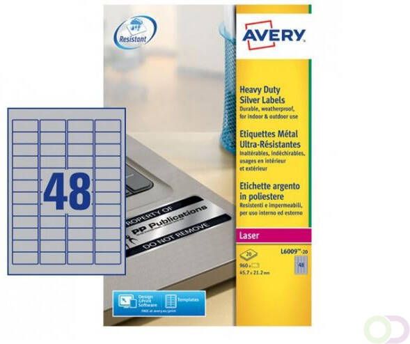 AVERY Inventaris etiketten 45 7 x 21 2 mm zilver Laserprinter permanent klevend L6009-20