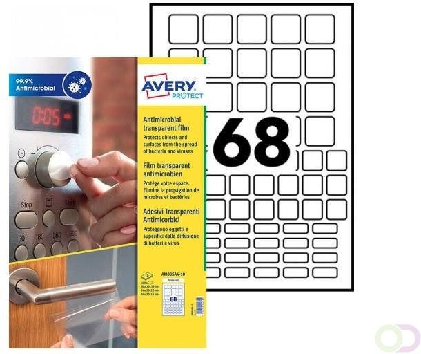 AVERY Vierkante antimicrobiÃle stickers 30 x 30 mm transparant permanent klevend AM00SA4-10