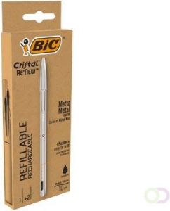 Bic balpen Cristal Re-new zilveren lichaam zwarte inkt doos met 1 stuk en 2 navullingen