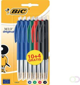 Bic balpen M10 Clic 0 4 mm medium punt geassorteerde kleuren blister 10 stuks + 4 gratis