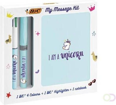 Bic Message Kit Unicorn balpen 4 colours markeerstift highlighter en notitieboekje ft A6