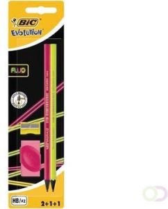 Bic potlood Evolution Fluo blister met 2 stuks 1 slijper en 1 gum in geassorteerde kleuren