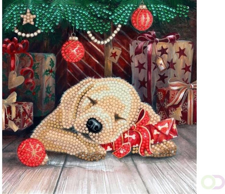 Crystal Art Diamondpainting Kaart Puppy's First Christmas 18x18cm