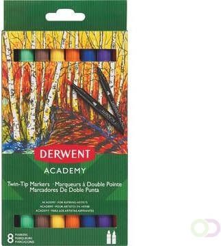Derwent twin tip viltstiften Academy normale brush punt blister van 8 stuks in geassorteerde kleuren