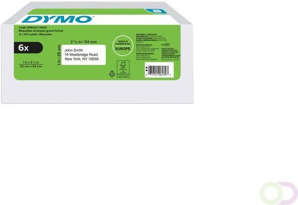 Dymo etiketten LabelWriter ft 25 x 54 mm wit doos van 6 x 500 etiketten