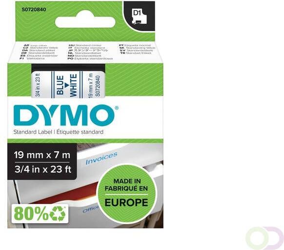 Dymo Labeltape D1 45804 720840 19mmx7m polyester blauw op wit